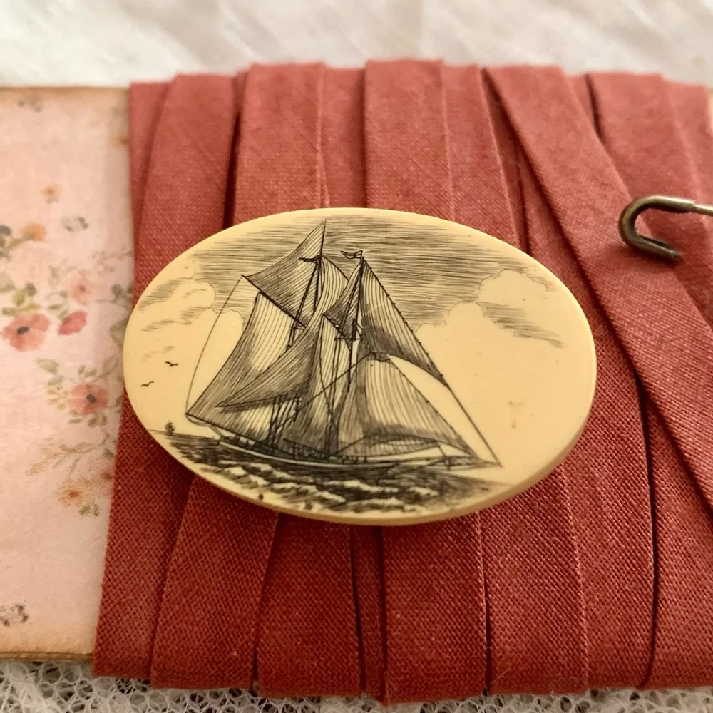 Nautical Ship on the Sea Brooch Pin Woman’s Mens Unisex Jewelry Bone White Color